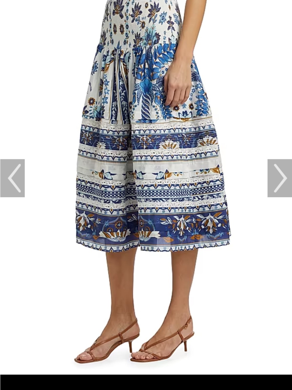 FARM Rio Blue, White and Gold Floral Tiered Midi Skirt